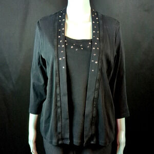 Rafaella sz Large Jet Black Cardigan / Tank Top With Silver Studded Embelishment
